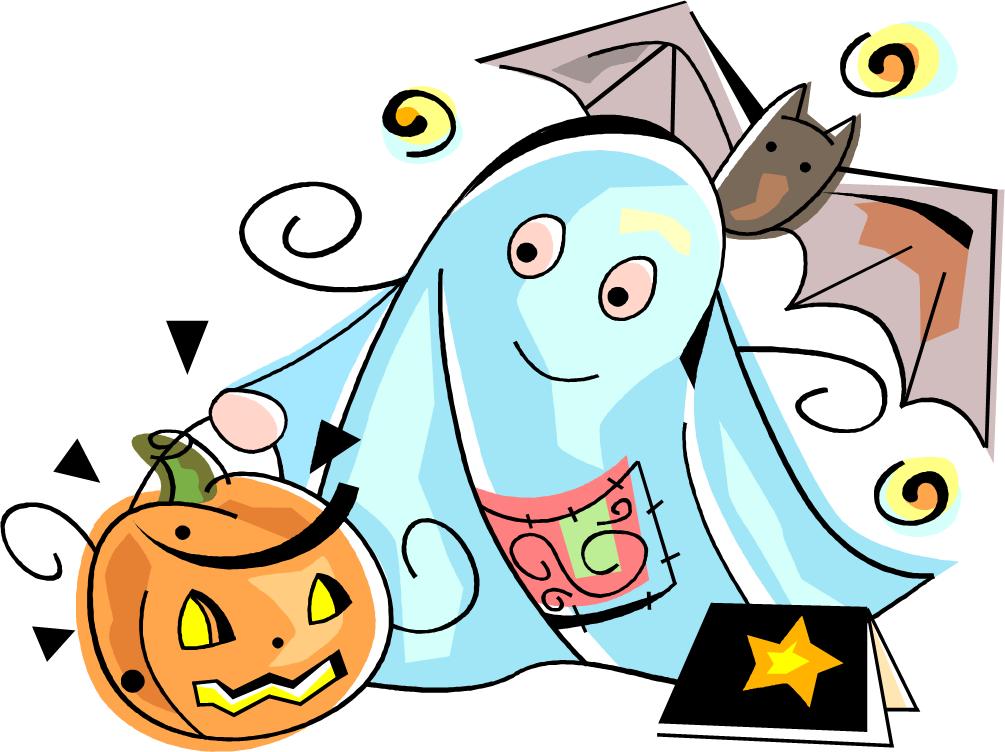 A pumpkin, Ghost, and Bat 