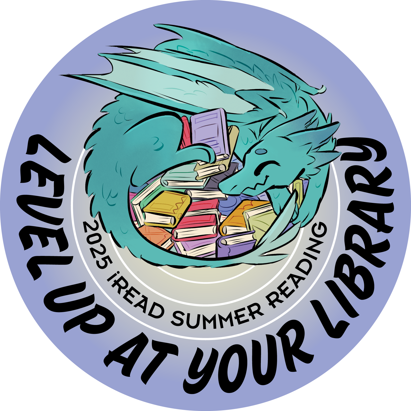 Level Up at Your Library graphic. Dragon hoarding books. 