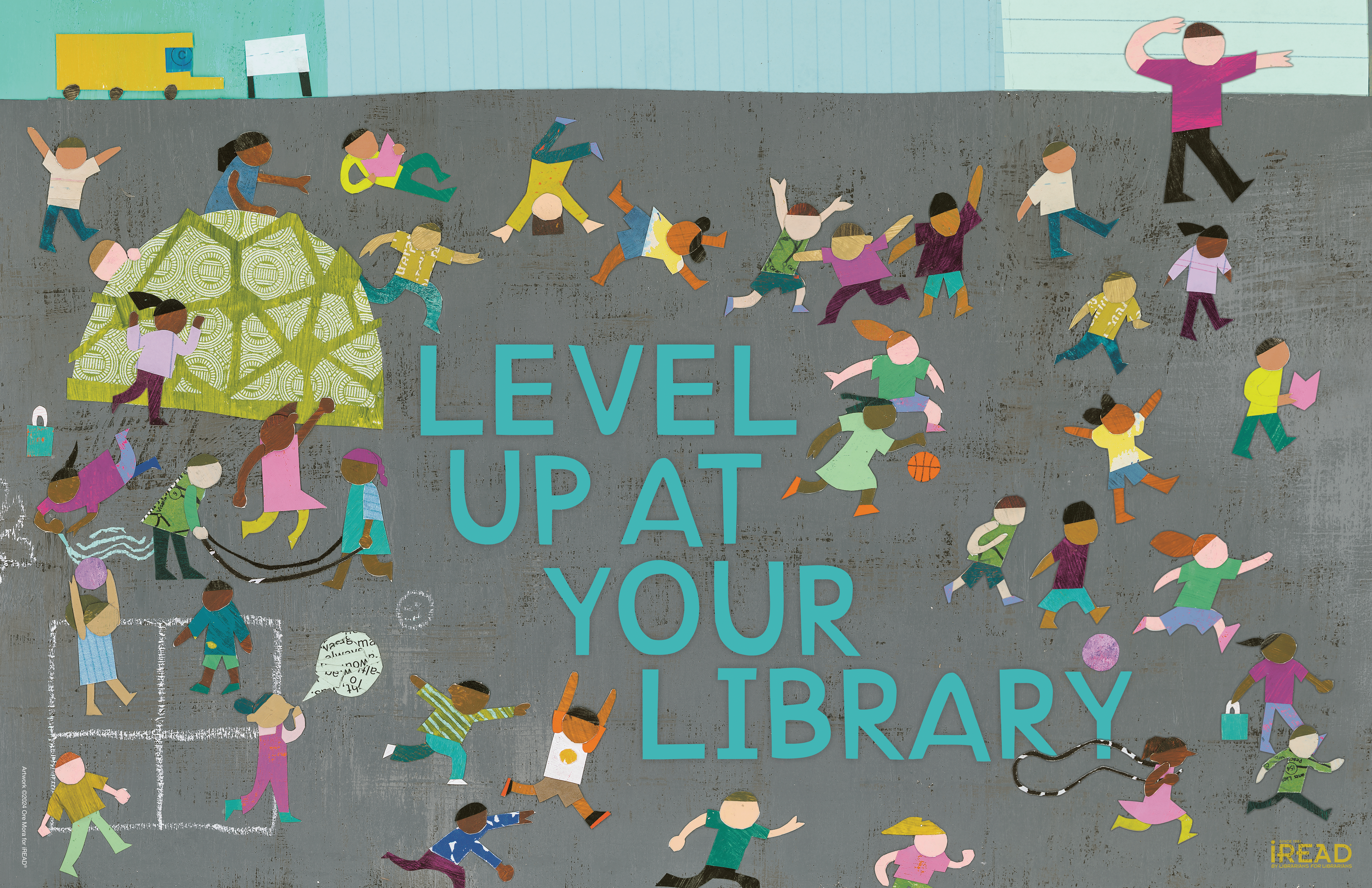 Level Up at Your Library graphic. Kids playing in a playground.
