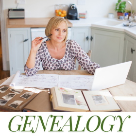 Photo of a woman with papers and books in front of her. Text reads Genealogy.