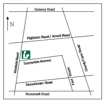 Map to Winfield. We are located on the northeast corner of Winfield Road and Sunnyside Avenue. You must turn onto Sunnyside to get into our parking lot. 